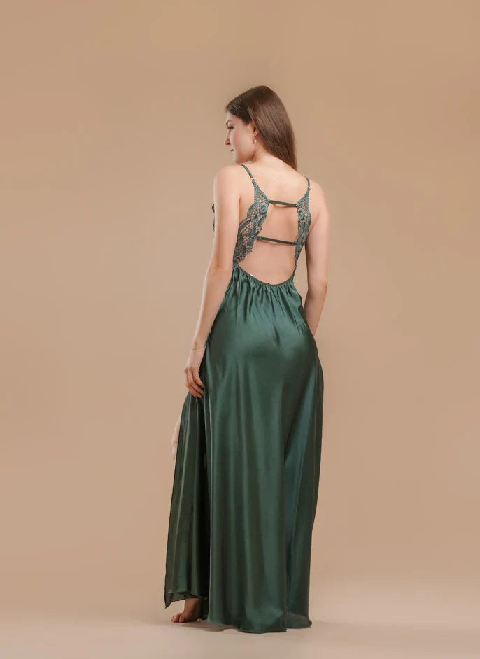 Long Night Dress Satin & Lace - Emerald Green