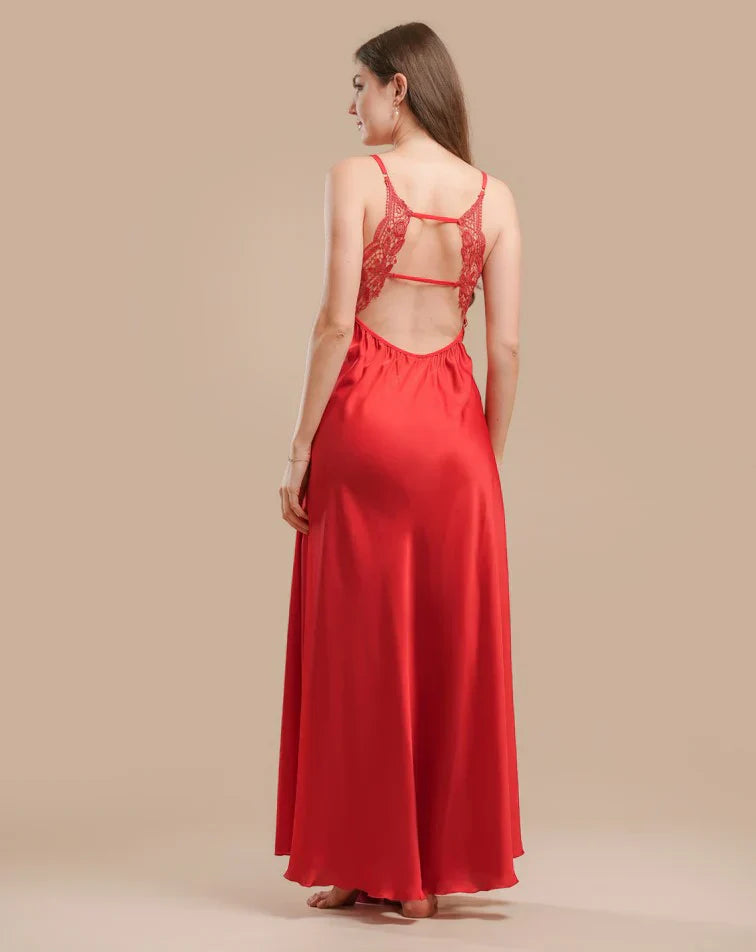 Long Night Dress Satin & Lace - Red