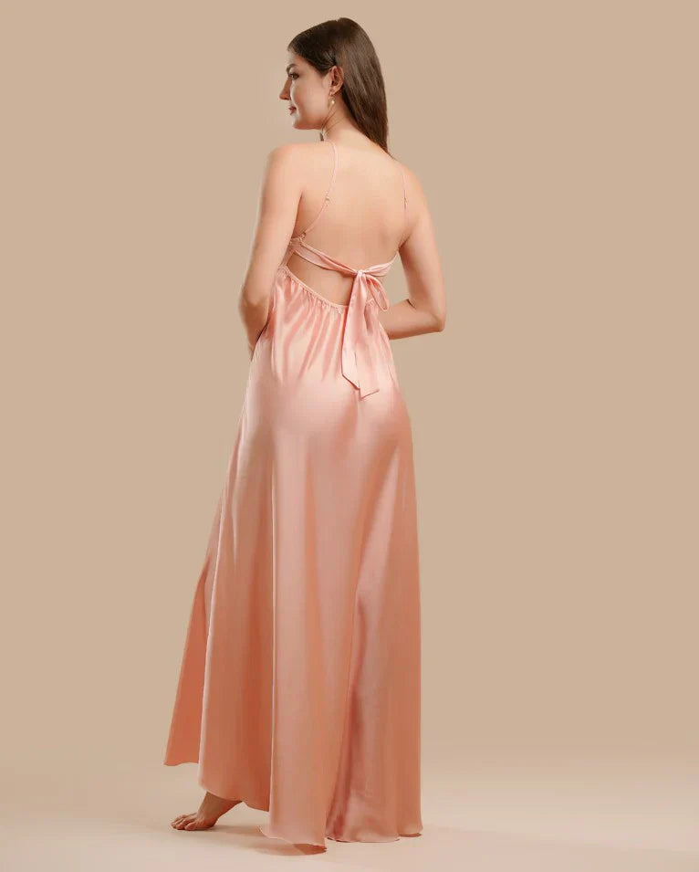Long Night Dress Satin & Lace - Pink