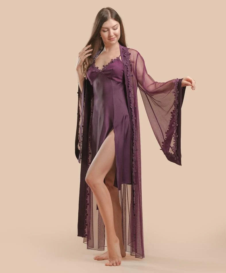 2 Pcs Lace & Satin Nightdress With Tulle & Lace Robe - Purple