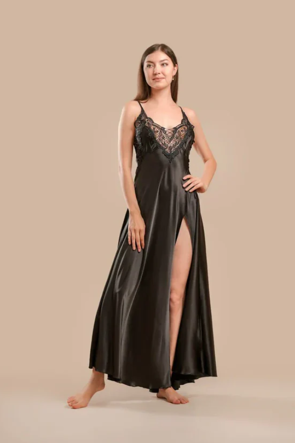 Long Night Dress Satin & Lace - Black