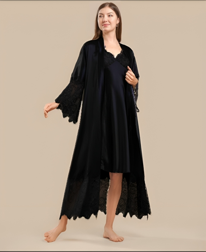 Long Satin & Lace Nightdress & Robe Set